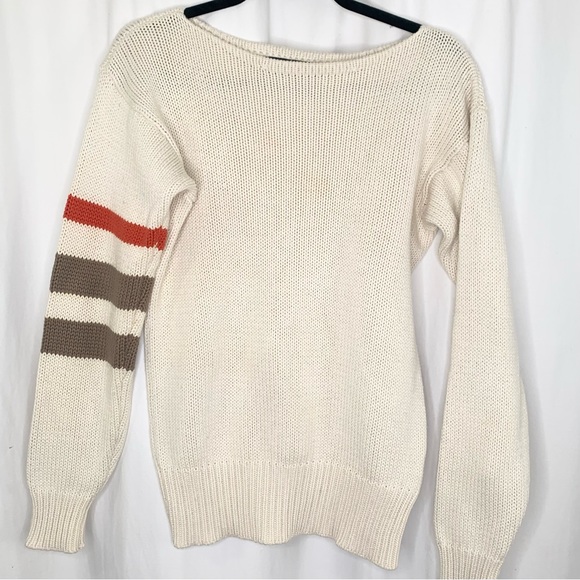 Ralph Lauren Womens Cream Sweater with Striped Sleeve Size Medium - Picture 2 of 8